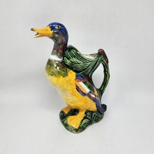 Vtg F. Mendes Caldas Portugal Majolica Mallard Duck Pitcher Figural 10" Colorful